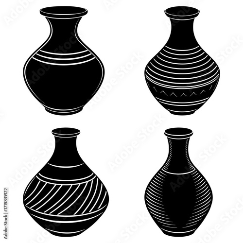 Collection of four black and white graphic vases with different patterns and shapes in a square arrangement
