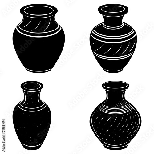 Illustration of four black vases with different shapes and decorations on a white background in vector format