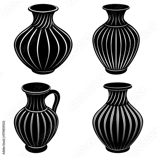 Illustration of four black vases with vertical lines and varying shapes on a white background space