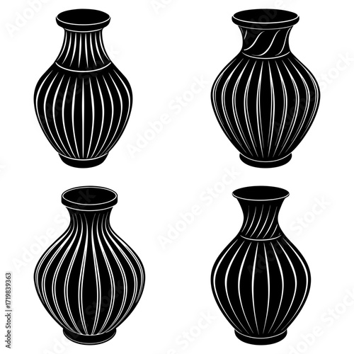 Four black and white vases with vertical lines and different shapes in a symmetrical arrangement