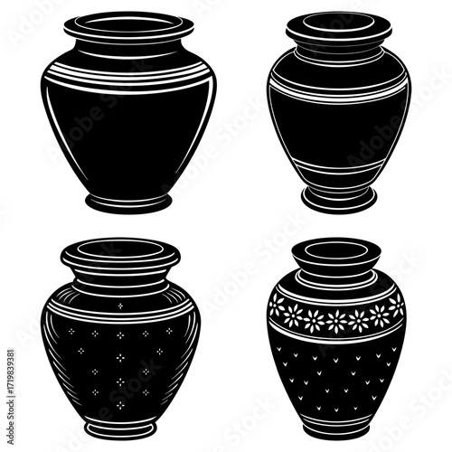 Four black and white vases with different designs and shapes arranged in a square formation on white background