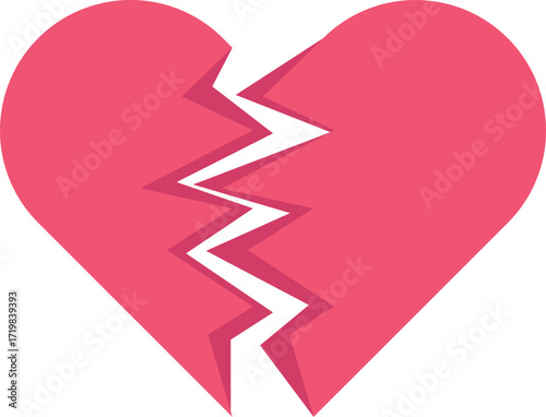 Flat graphic pink broken heart icon with jagged white crack symbolizing emotional pain.