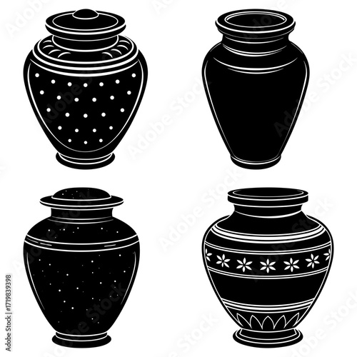 Illustration showing four different black and white vases with various designs and shapes on a white background