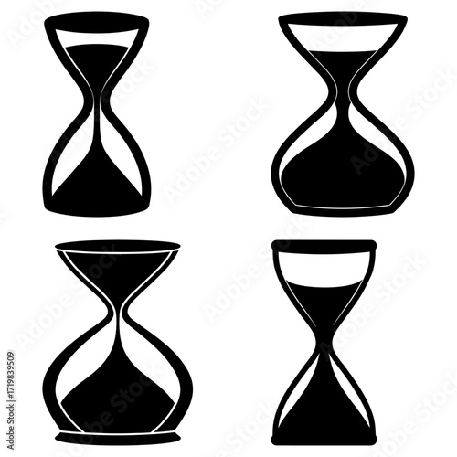 Four hourglasses in black and white showing different levels of sand indicating the passage of time now