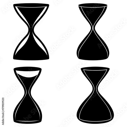 Four hourglass illustrations showing different levels of sand in black and white design elements