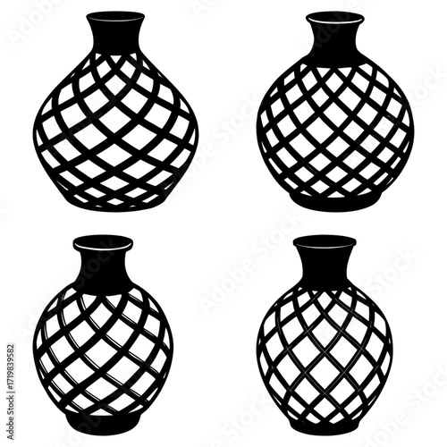 Four vases with lattice pattern in black and white on a white background in a square arrangement