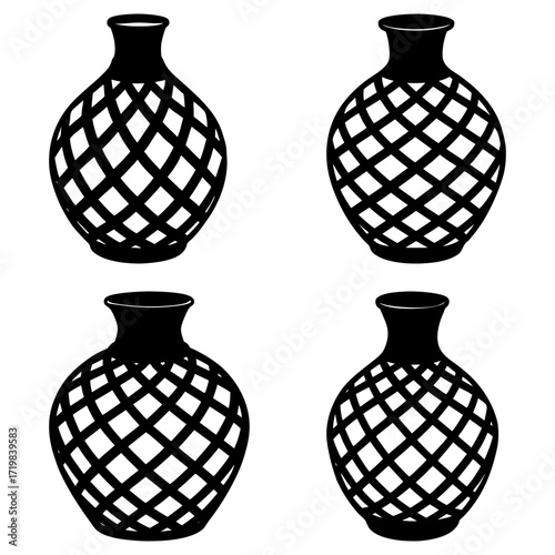 Four black vases with lattice pattern design arranged in a square formation on a white background