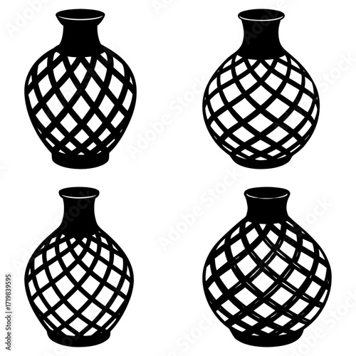 Four black vases with lattice patterns arranged in a square on a white background minimalist illustration