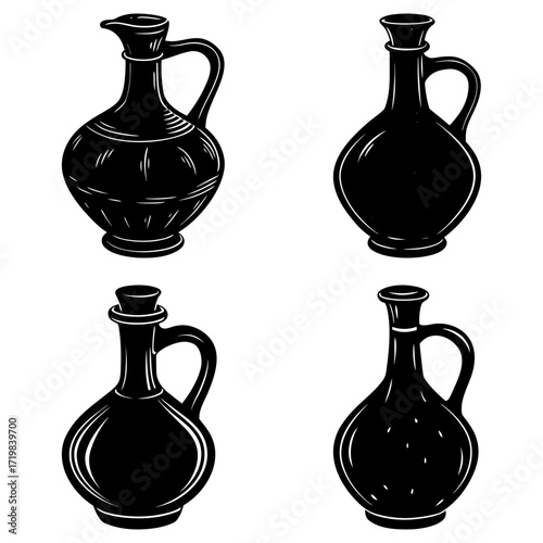 Illustration of four antique style black bottles or decanters with handles on a white background art
