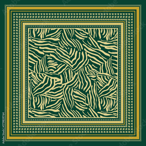 A green square scarf patterned textile featuring zebra stripes in a creamy color, framed by intricate gold and yellow borders.