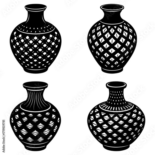 Four black and white vases with different patterns and shapes arranged in a square formation on white