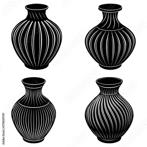Four black vases with white vertical and curved lines on a white background in a square arrangement