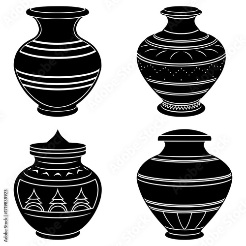 Four black and white decorative vases with different patterns and shapes on a white background display