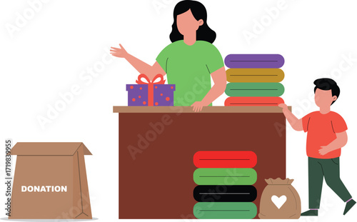 Mother and Son Donating Clothes and Gifts