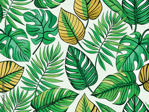 Lush green and yellow tropical leaves pattern monstera palm leaves
