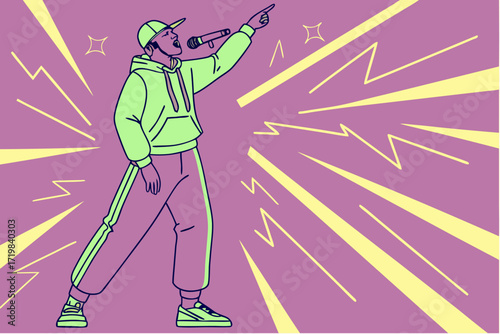 Dynamic cartoon illustration of energetic rapper performing with a microphone, radiating energy and passion, great for music promotion and creative projects