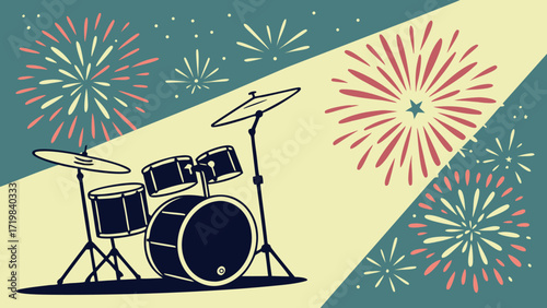 Dynamic drum set illustration with celebratory fireworks, perfect for music event promotion, concert posters, or festive announcements with vibrant energy
