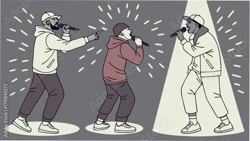 Dynamic hip-hop trio performing live, delivering powerful vocals and captivating stage presence, an energetic urban music experience perfect for event promotion