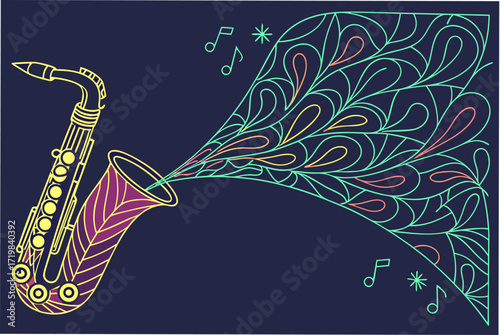 Vibrant saxophone illustration with musical notes and abstract design, perfect for jazz music events, concerts, and creative projects, dynamic visual