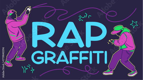 Dynamic vector art of rap graffiti with stylized figures, perfect for music posters and urban culture promotions, vibrant colors and trending street style appeal