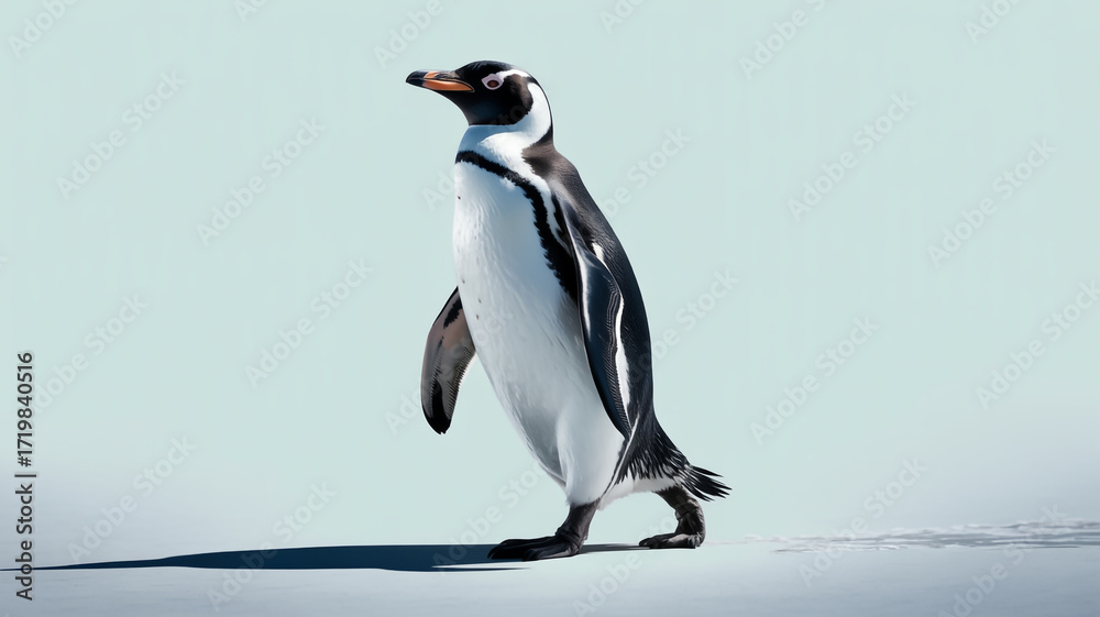 Obraz premium Magellanic penguin walking on a white background, isolated on white background, with its distinctive black and white plumage in full view