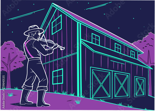 Vibrant illustration of a fiddler playing in front of a barn under a starry night sky, evoking rural charm and musical expression, original vector graphic