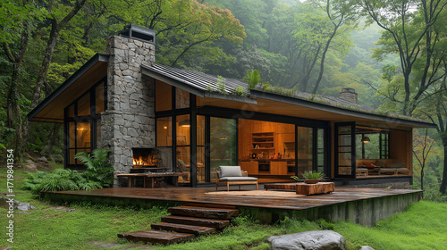 Tranquil Cabin in the Woods: Modern cabin nestled in a lush, green forest, embodying serene living, featuring large windows, a stone chimney, and inviting wooden deck.