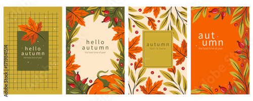 Autumn backgrounds with pumpkins, colorful autumn leaves, berries, rose hip. Set of seasonal postcard template with natural botanical elements. Vector illustration for holiday, advertising 