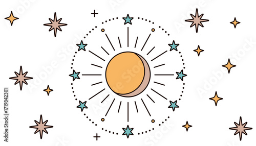 Golden sun with stars in evening sky, Autumn Equinox celebration
