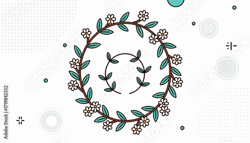 Floral wreath design with leaves and flowers with equinox symbol on transparent background  