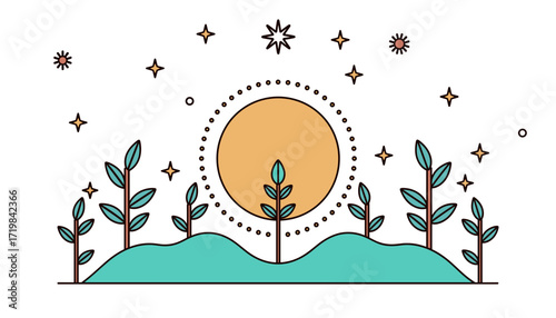 Minimalist spring landscape with sun, plants, and stars in flat design, symbol of the vernal equinox  