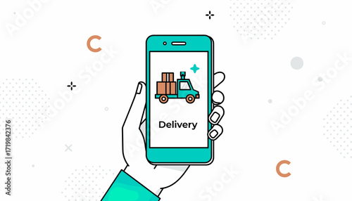 Hand holding smartphone displaying delivery service graphic  