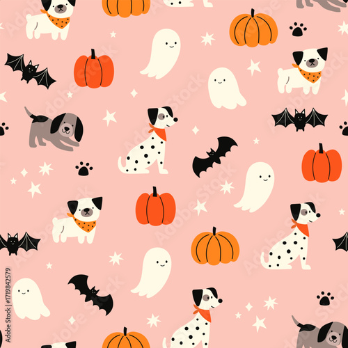 Happy Halloween vector seamless pattern. Cute dog, pumpkin, ghost on a pink background. Dog print in flat style.