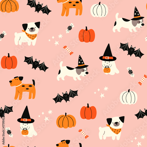 Happy Halloween vector seamless pattern. Cute dog, pumpkin, ghost on a pink background. Dog print in flat style.