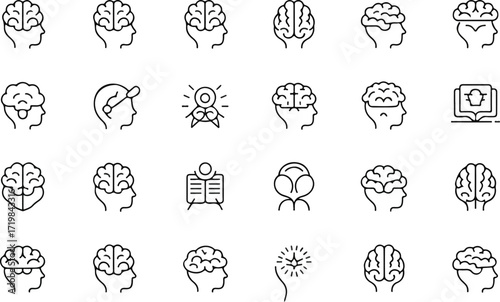 Mind, brain concept line icon set. Vector pictograms of mental processes, learning, creativity, problem-solving, mindfulness, memory, cognitive development, abstract thinking thin linear illustration