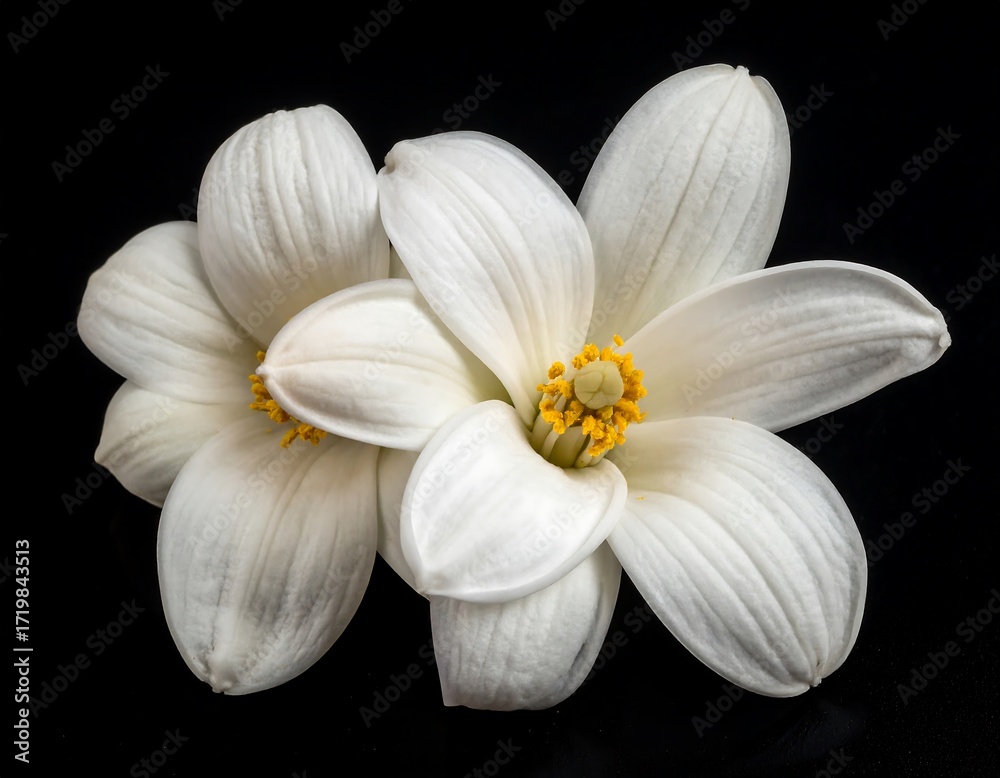 Fototapeta premium Close-up of three white flowers against black