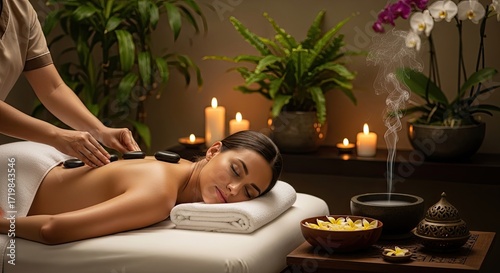 A serene spa setting with a woman receiving a hot stone massage. The environment is dimly lit with candles and plants, creating a relaxing atmosphere.