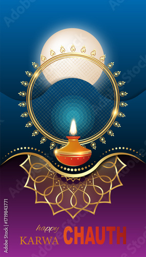 happy karwa chauth Indian festival with full moon and oil diya lamp, gold lotus decorative banner, vector illustration colorful card background