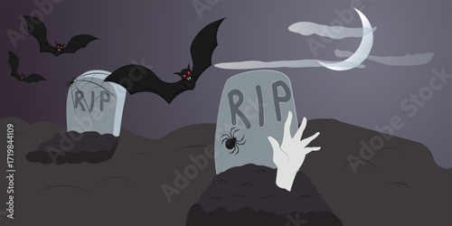 Illustration of spooky graveyard at night, featuring a hand rising from a grave, flying bats, spiderwebs, and a moon with clouds. Perfect Halloween scene for banners or backgrounds.