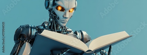 A robot is reading an open book, against a light blue background, in a futuristic style. This is a 3D rendering, with high-resolution photography, focusing on the head and upper body of the robot
