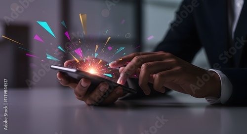 Digital Spark: Person Using Smartphone with Exploding Geometric Shapes