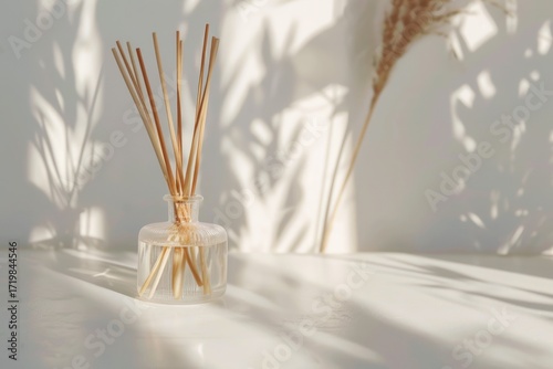 Aromatic reed diffuser and pampas grass on a white table with sunlight and shadow isolated on white background