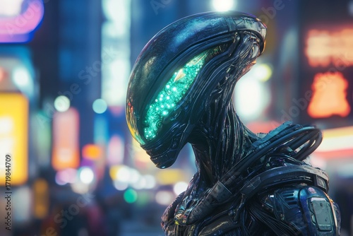 An alien with intricate bioluminescent armor, a cyberpunk city background, cinematic lighting, bokeh effect, and hyper-realistic photography