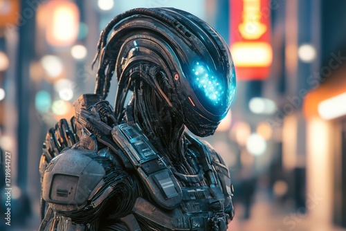 An alien with intricate bioluminescent armor, a cyberpunk city background, cinematic lighting, bokeh effect, and hyper-realistic photography