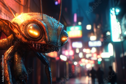 Cinematic shot of an alien creature with neon lights, cyberpunk city background, science fiction style, science fiction movie
