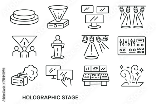 Sound interactive floating icon console lights holographic hologram stage vector audience reality