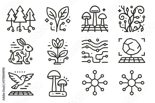 Holographic digital neon vector icon forest icons flowers augmented rocks reality streams