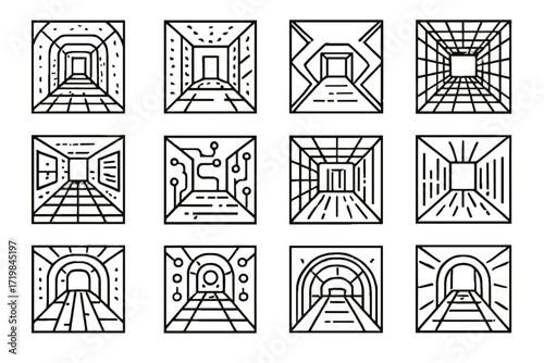 Pipes pathway holographic cyber led reality icon vector tunnel rails vr