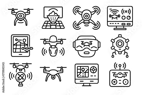 Connected scout vector unit icons aerial interface futuristic quantum reconnaissance icon drone