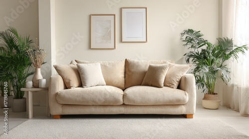 Wallpaper Mural interior design of modern living room with beige fabric sofa and cushions. White wall with frame and space for text, living, furniture Torontodigital.ca